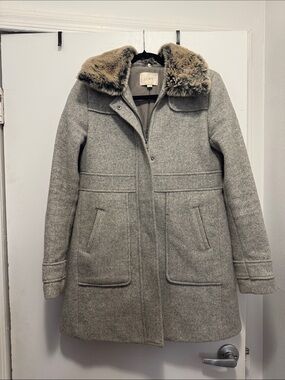 LOFT Gray Wool-Blend Pea Coat with Faux Fur Collar